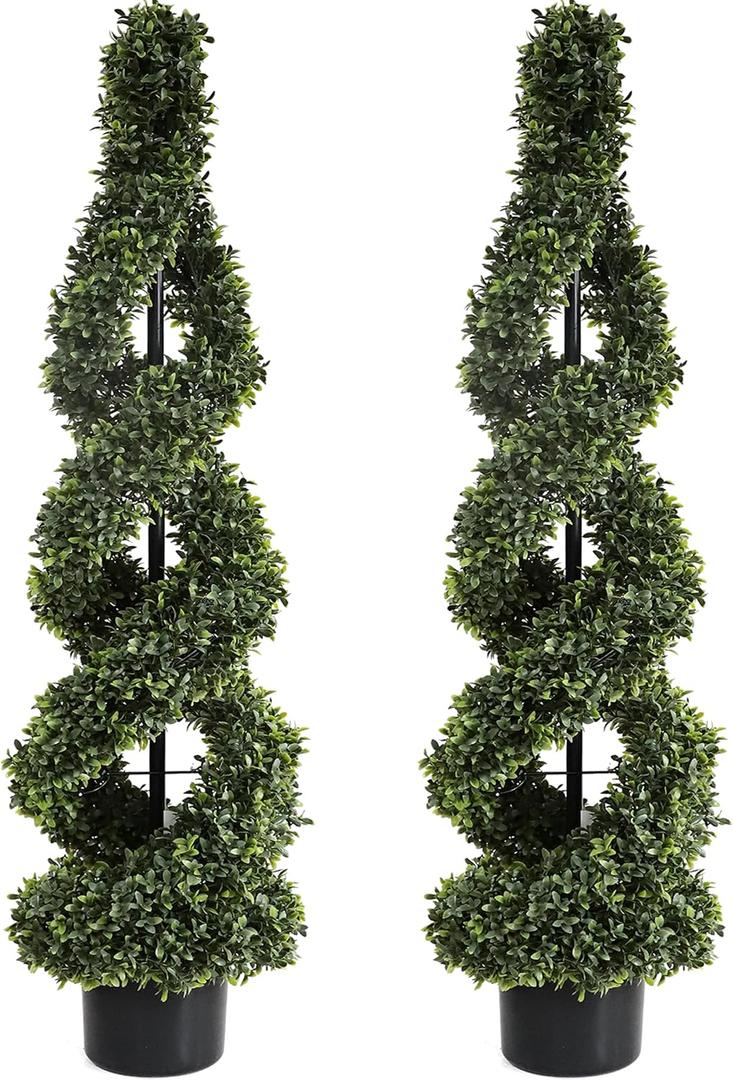 46Inch Double Spiral Artificial Boxwood Topiary Tree 4" Plants Fake Faux Plant Decor in Plastic Pot Green Indoor or Outdoor, Set of 2