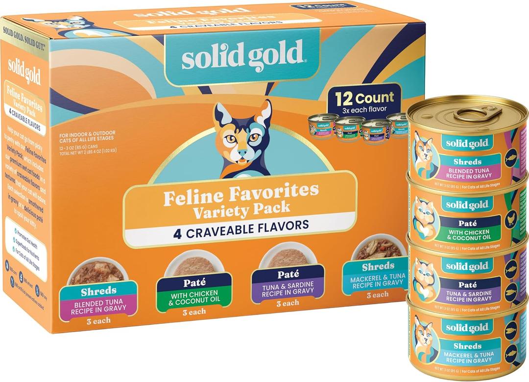 Solid Gold Wet Cat Food Variety Pack - Pate & Shreds in Gravy - Healthy Canned Cat Food Pate w/Real Chicken, Tuna, Mackerel & Sardine - Grain Free & Gluten Free Can Meals for Cats & Kittens - 12ct/3oz (EXP 11/27/28)