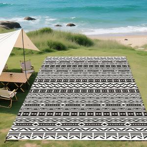 Outsunny Outdoor Rug for Patio, 9' x 18' Waterproof Large Mat, Reversible Plastic Straw Rug for Decor, Portable Outside RV Camping Area Carpet Mat for Backyard Porch Deck Picnic, Black White Geometric (8'11" x 17'11" (Rectangular))