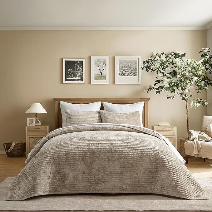 EVERGRACE Velvet Quilt Set King Size, Luxurious Soft Striped Channel Bedding Set, Lightweight Velvet Comforter for All Season, Oversized Bedspread Coverlet with 2 Matching Shams, Beige Taupe, Comforter Only
