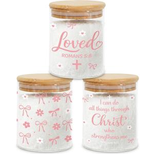3 Pcs Pink Bow Christian Glass Storage Jars with Airtight Lids Pink Bow Candy Cookie Jars Gift Christian Bible Verse Kitchen Canister Gifts for Women Cute Coquette Religious Kitchen Containers