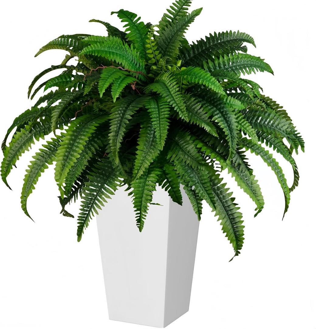 QIANYUN Fake Ferns-1PCS Artificial Ferns for Outdoors-Faux Plants Boston Fern Tall Potted Plant Large for Front Porch Office Home Decor Indoor Outdoor- Including Taper Planter (Green-01)