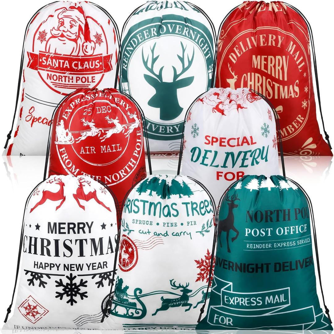 Abbylike 8 Pcs Large Christmas Santa Gift Bags 26 x 19 Inch Jumbo Sacks Christmas Drawstring Gift Bags Polyester Fabric Sacks for Event Xmas Party Supplies Favors (Red and White)