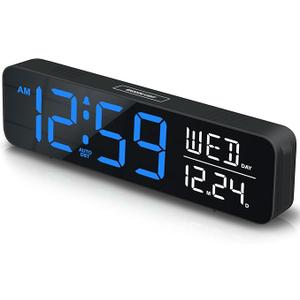 Peakeep Large Display Digital Alarm Clock for Bedrooms, Date Day of Week Calendar Desk Table Clocks for Living Room Office, Dimmable Plug in Electric Clock, 5 Volumes, Loud, Auto DST