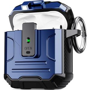 DASFOND Armor Cover AirPods 2nd & 1st Generation Case, Military Grade Full Body Shockproof Protection Hard Case, Support Wireless Charging with Keychain, Magnetic Lid, Front LED Visible, Blue