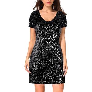 Women's Sequin Glitter Short Sleeve Dress Sexy V Neck Mini Party Club Bodycon Dresses XL