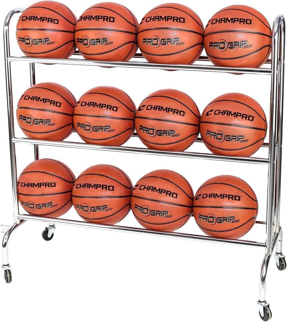 CHAMPRO 12 Ball Rack with Casters for Basketball, Volleyball, and More, Upright