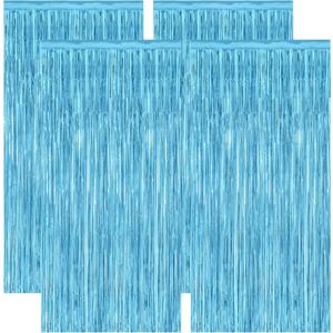 4 Pack Party Decorations, 3.28 FT x 7.05 FT Blue Foil Streamers, Metallic Sky Blue Backdrop Fringe Curtains Birthday Back Drop, Winter Backdrop for Party Supplies Door Decor Hanging