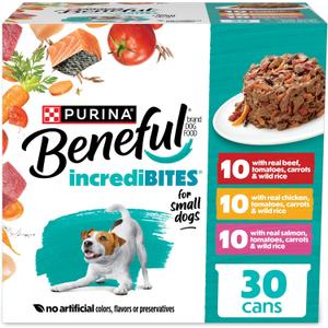 Purina Beneful Small Breed Wet Dog Food Variety Pack, IncrediBites With Real Beef, Chicken and Salmon - (Pack of 30) 3 Oz. Cans, Best Before June 2027