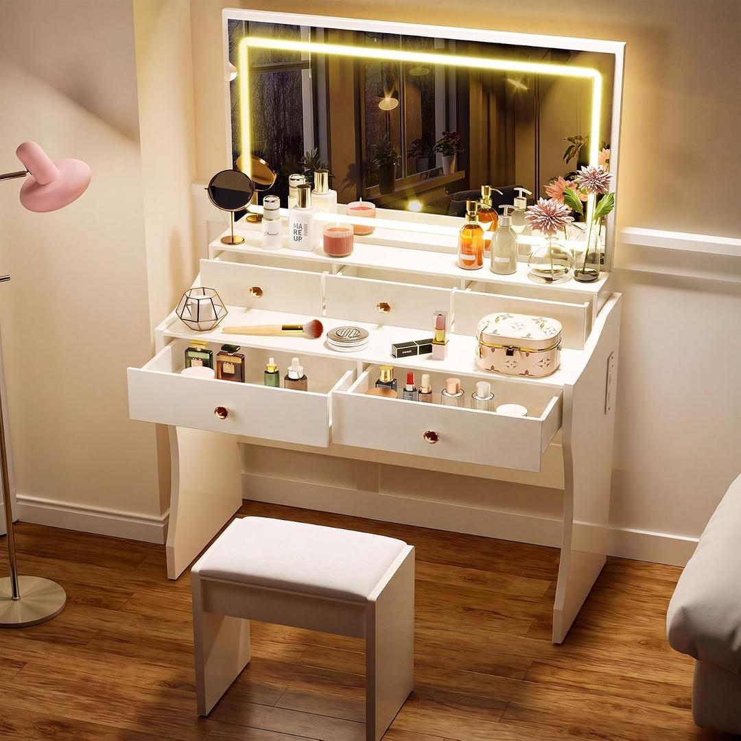 COMHOMA Vanity Desk with LED Lights Mirror & Power Outlet, Small Makeup Vanity Table Set with 5 Storage Drawers, 3 Lighting Modes & Adjustable Brightness, Dressing Table for Women Girls Bedroom, White, Large