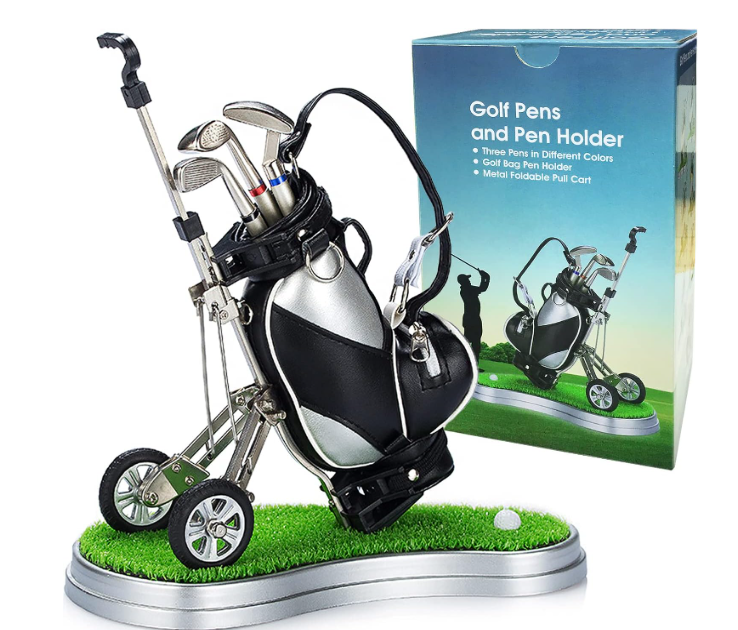 Golf Pen Holder with 3 Club Pens and Movable Golf Cart, Mini Golf Bag Desk Decor for Office, Funny Golf Gifts for Men, Dad, Boss  Stocking Stuffers for Golfers on Birthday, Christmas, Fathers Day