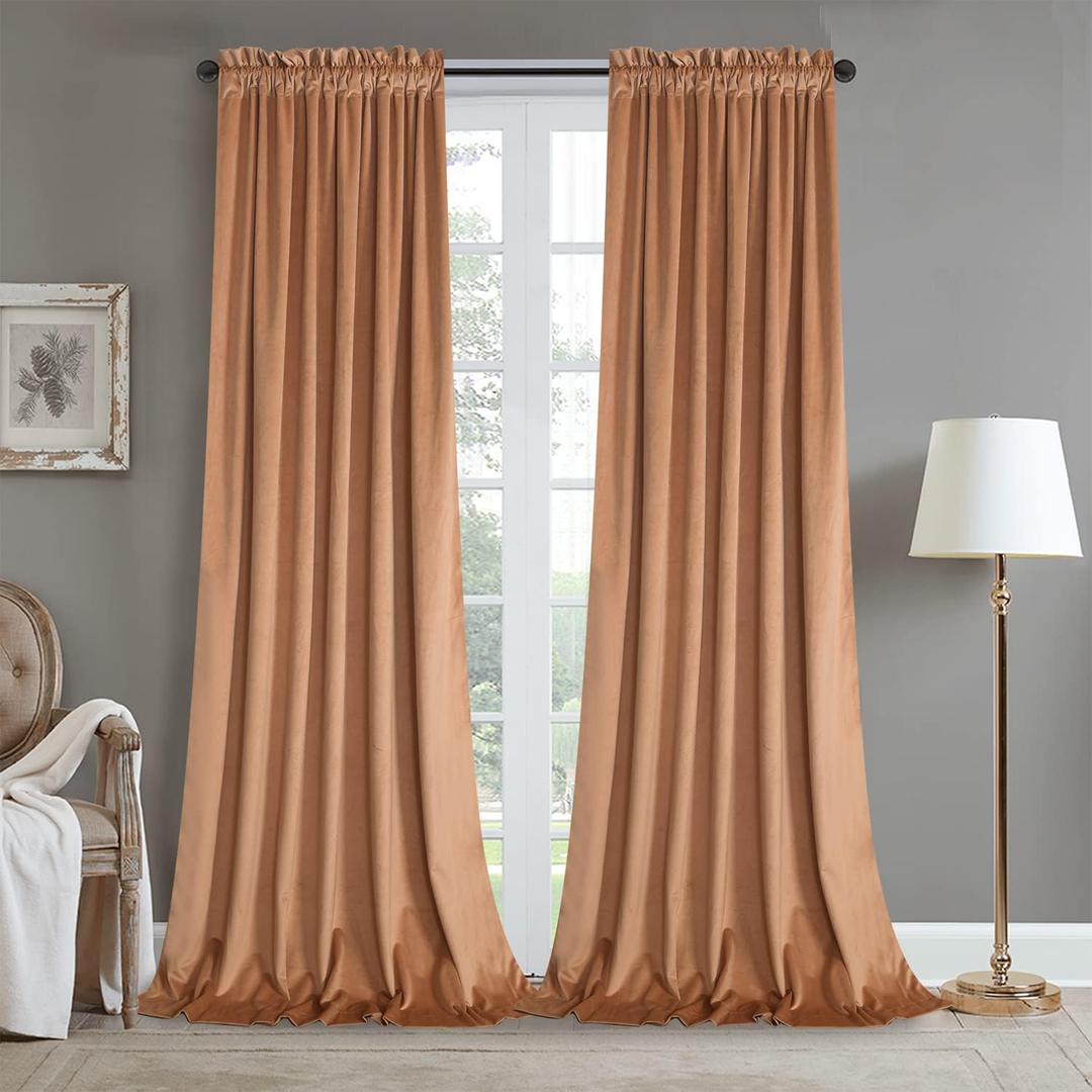 Roslynwood Peach Nursery Sunlight Velvet Curtains - Elegant Interior Decoration Large Window Blackout Velvet Drapes for Living Room, 52" x 84" Long, Peach, 2 Panels
