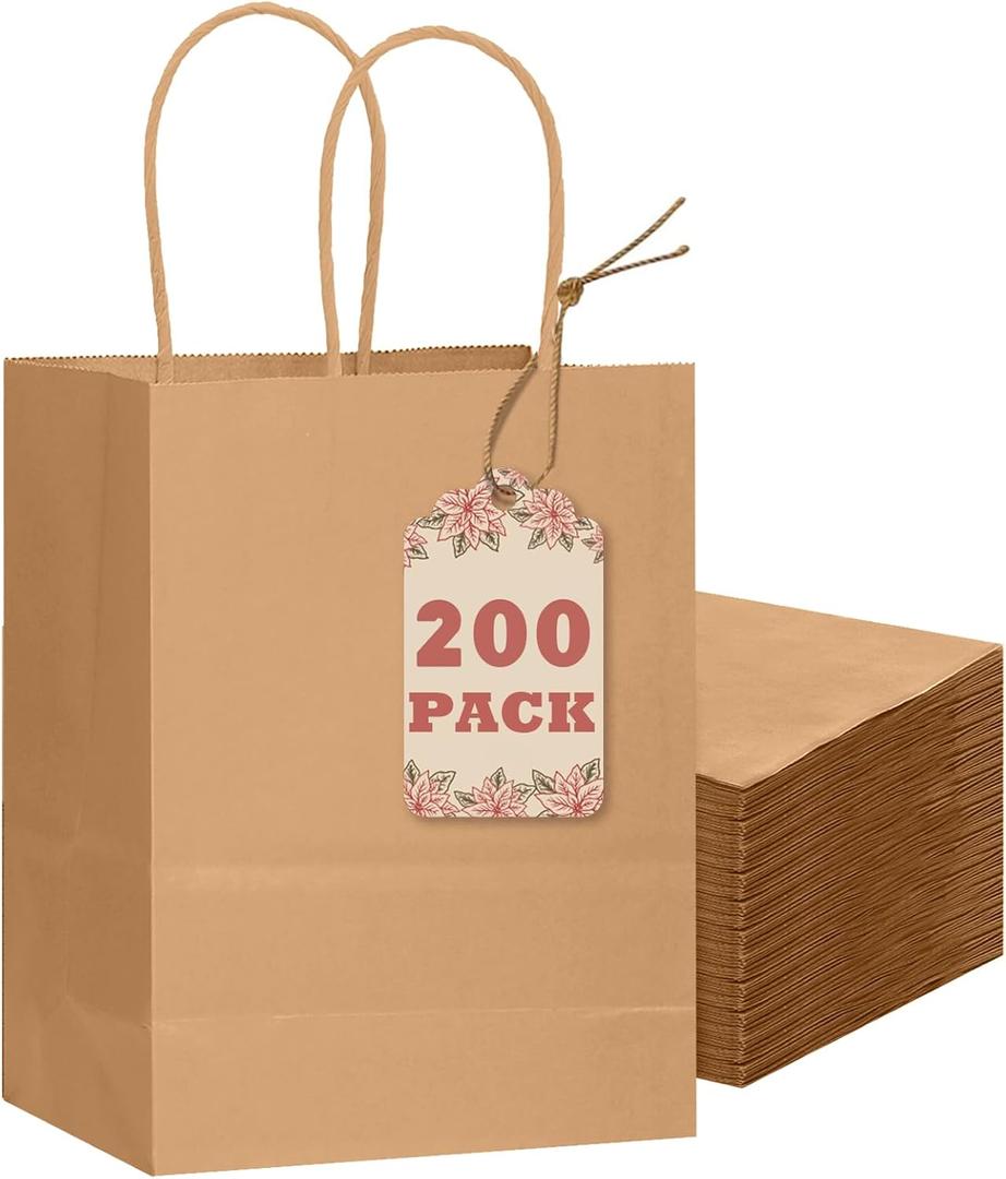 qiqee 200-Packs Brown Paper Gift Bags with Handles Bulk 8.3"x6"x3.15" Small Size Paper Bags Multiple Uses
