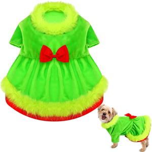Christmas Dog Costume Red Green Dog Outfit Lime Green Pet Outfit Velvet Furry Pet Costume Cosplay Christmas Dogs and Cats Clothes for Holiday Party Favors(Small) (Small Neck:18.5'' Chest:18.1")