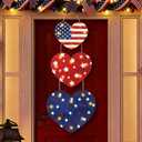 Barydat 3 Pcs Red White Blue Patriotic Wooden Door Sign 4th of July Lighted Heart Glitter 250th Anniversary Patriotic Wall Hanging Decor Plaque with LED Light for USA Independence Day Front Door Porch