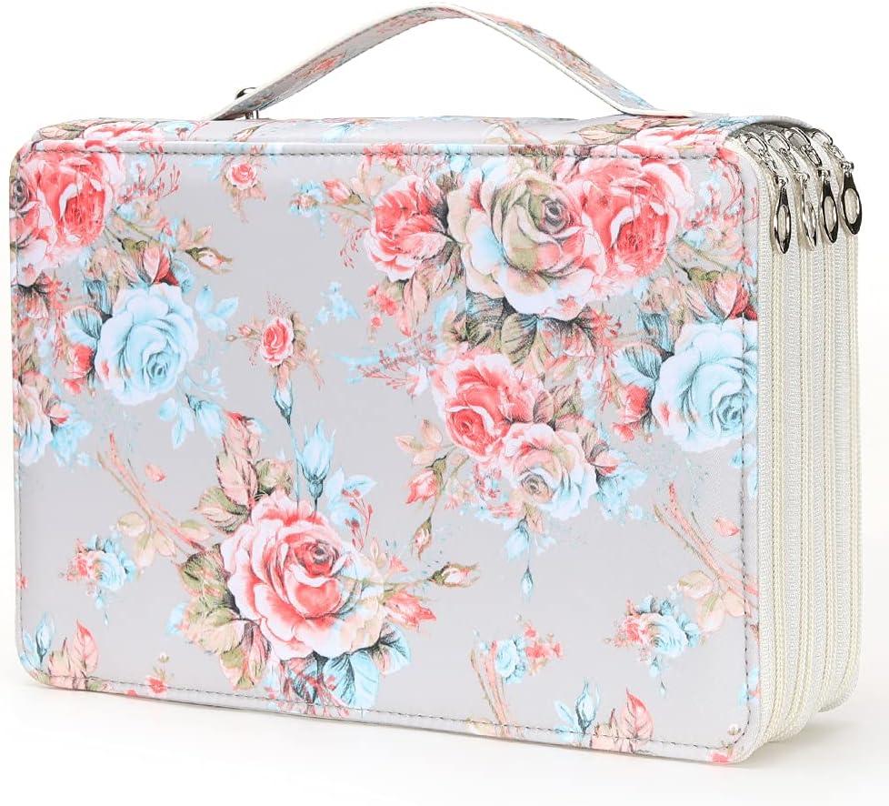 Vomgomfom 200 Slots Pencil Bag, 4-Layer Zipper Portable Art Supply Organizer, PU Leather Large Capacity Colored Pencil Case with Handle for 200 Watercolor Pens, Gel Pens (Gray Rose)