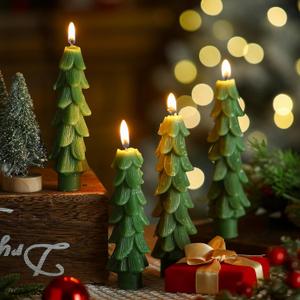 MTLEE 4 Pcs 5 Inch Christmas Tree Shaped Taper Candles Green Xmas Holiday Candle Unscented Candlesticks for Christmas Party Room House Kitchen Decor Wedding Decorations Gift
