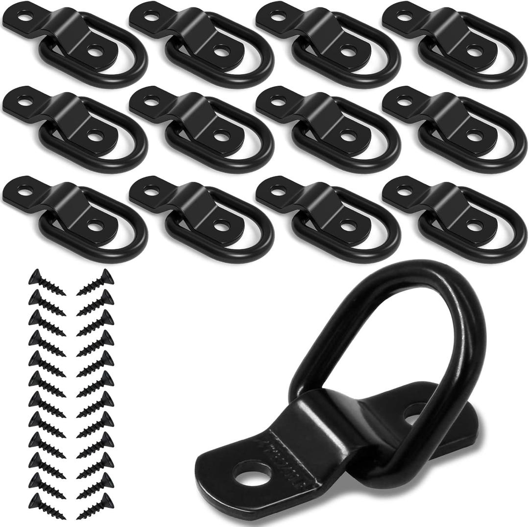 12 PCS D Ring Cargo Tie Down Anchors 1/4" D-Rings Tie Down Lashing Ring for Trailer Truck Pickup Camper Surface Mount, Heavy Duty Tie Down Ring 2400 Pound Capacity, Black
