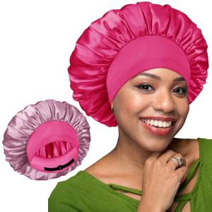 BONNET QUEEN Silk Bonnet for Sleeping Women Double Layer Reversible Satin Bonnet Sleep Cap for Curly Hair,Hot Pink & Dark Rose Gold (One Size)