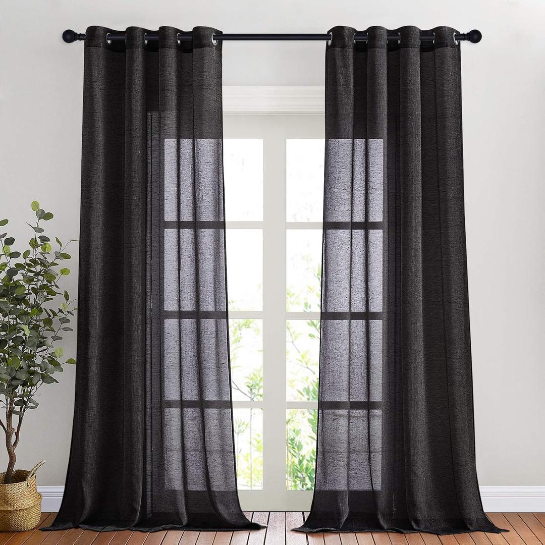 NICETOWN Black Curtains Linen Sheer Textured, Grommet Semi Sheer Linen Blend Bedroom Curtains Privacy with Light Through Window Treatment for Boys Room/Office, W52 x L90, 2 Pieces