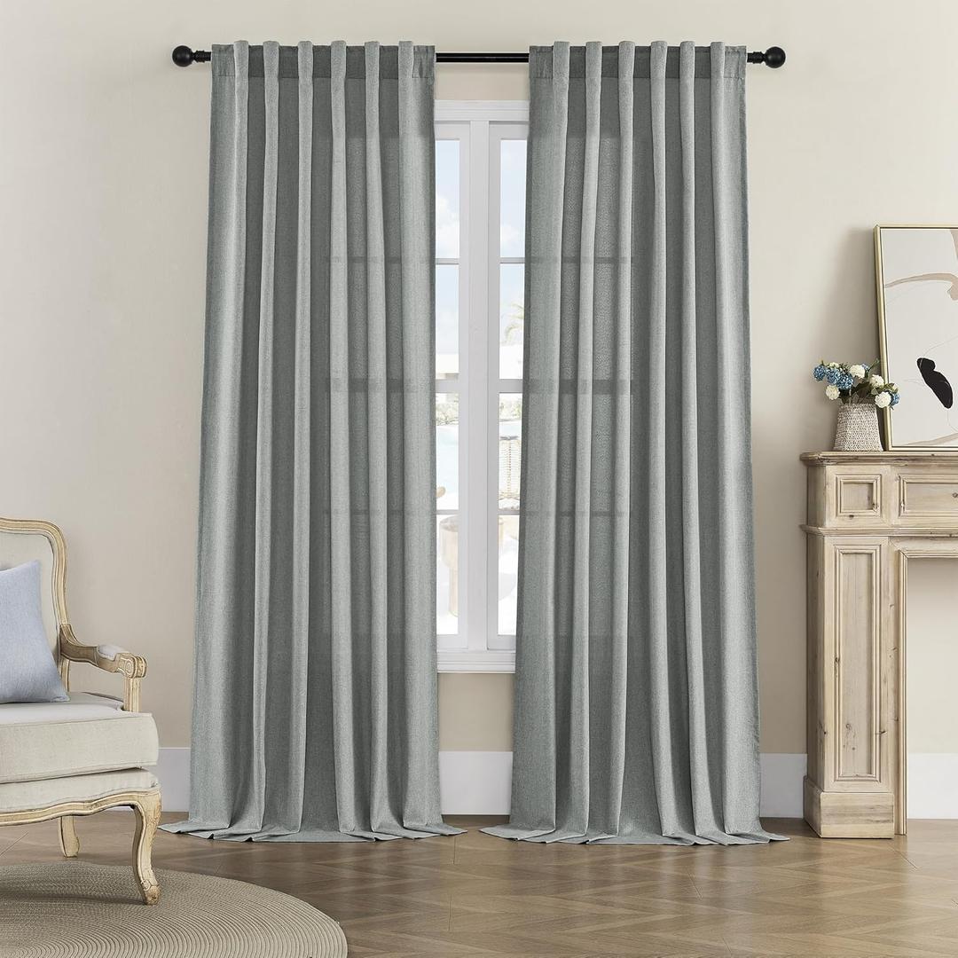 Back Tab and Rod Pocket Linen Curtains 102 Inch Length 2 Panels Set, Light Filtering Semi Sheer Farmhouse Boho Curtains & Drapes for Bedroom Living Room, W50 x L102, Dove Grey