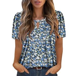 Angerella Women's Tops Short Sleeve Dressy Casual Plus Size Tunic Tops to Wear with Leggings Loose Fit Flower T-Shirt Ladies Blouses WaveBlue 3XL