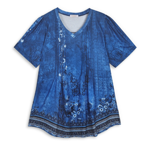 Fantaslook Blouses for Women Dressy Casual V Neck Pleated Tunic Tops Summer Short Sleeve Boho Shirts (XL, Blue Floral)