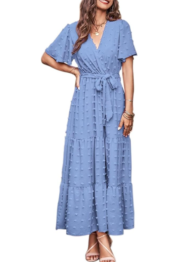 Womens Boho Swiss Dot Maxi Dresses Wrap V Neck Flutter Short Sleeve Solid Tie Belt A Line Tiered Flowy Long Dress, Size M