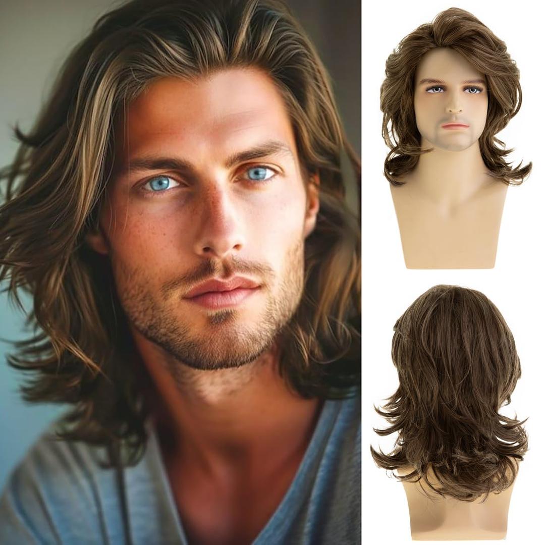 Short Wavy Layered Wigs for Men Synthetic Heat Resistant Fluffy Cosplay Hair Wig,Brown