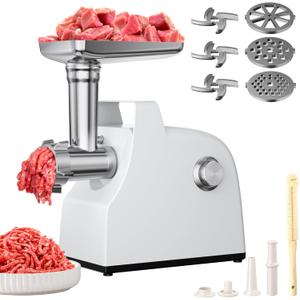 Upgraded Electric Meat Grinder, 3000W Max Home Kitchen Meat Grinder with Handle, Heavy Duty Mincer Machine with 3 Blades and 3 Grinder Plates, Sausage Stuffer Tubes & Kubbe Kit, White