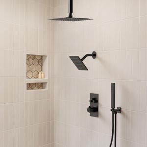 Ceiling Mount 12" High-Pressure Rainfall Shower Faucet, Dual Rainfall Shower Head System with Valve (Matte Black)