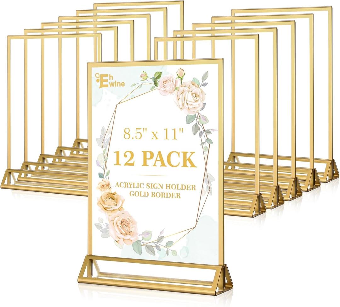EHWINE 12 Pack Acrylic Sign Holder 8.5 x 11, Double Sided Gold Picture Frame Stand up Table Top Sign Holders, Clear Display Stand Menu Flyer Holder for Wedding Party (Provide Non-Slip Mats)