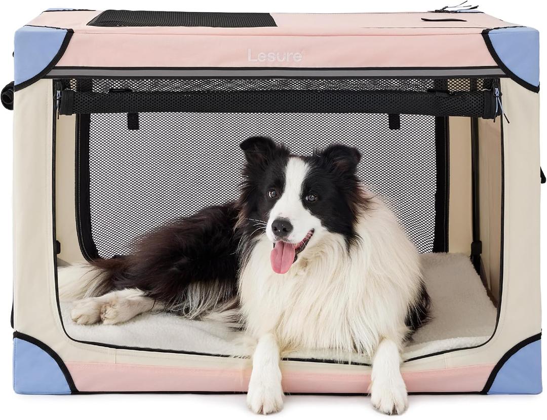 Lesure Soft Collapsible Dog Crate - 36 Inch Portable Travel Crate for Large Dogs Indoor & Outdoor, 4-Door Foldable Pet Kennel with Mesh Windows, Pink
