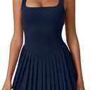 QINSEN Womens Square Neck Tennis Dress Pleated Sleeveless Built in Shorts Golf Athletic Dress with Pockets (Small, Navy)