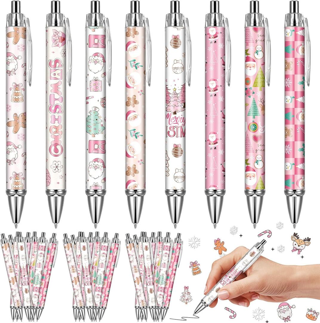 VorkiVecKi Pink Christmas Pens Gifts - 24 Pcs Cute Retractable Ballpoint Pen Black Ink Smooth Writing Fine Bulk Xmas Santa Tree Party Favors for Women Office Supplies