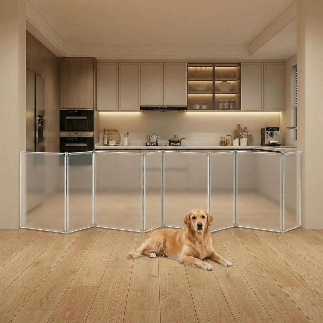 Sintuff Clear Plastic Dog Playpen Gate 8 Panel 165" W x 28" H Transparent Freestanding Pet Playpen Indoor Foldable Adhesive Pet Fence Barrier for Doorway for Small Dogs Puppy