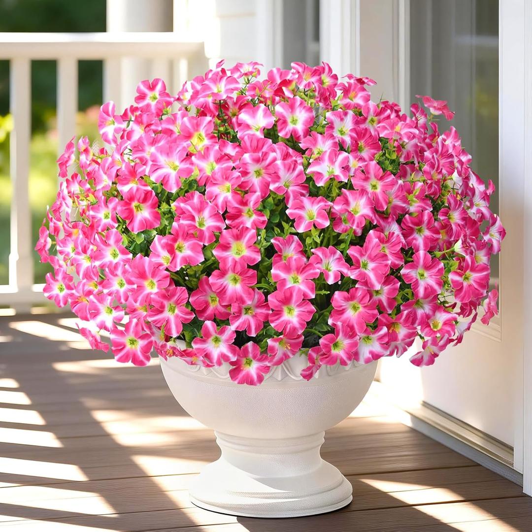 Yastouay Artificial Flowers for Outdoors, 12 Bundles Fake Outdoor Flowers, UV Resistant Artificial Petunias Fake Flowers, Mixed Rose Red Realistic Fake Plants for Porch Patio Garden Decor