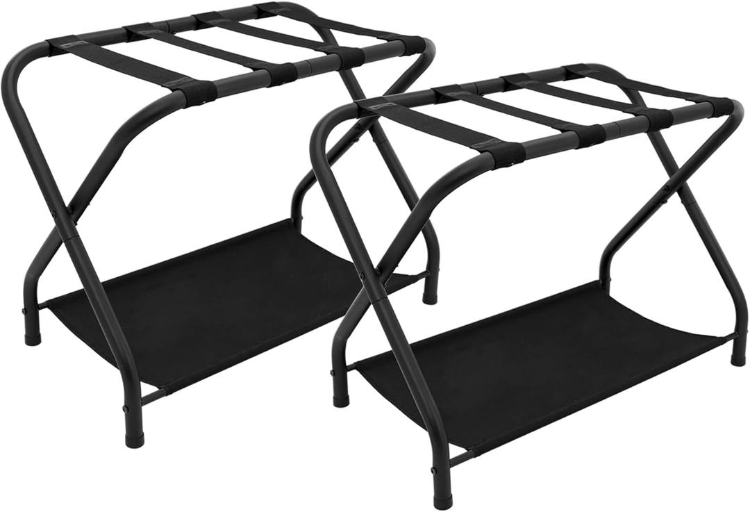 2 Pack Luggage Rack with Storage Shelf, Steel Folding Suitcase Stand, Black Luggage Stand for Indoor Bedroom, Living Room and Outdoor Camping, 27.5 x 14.2 x 20.7 Inches, Holds up to 100 lb