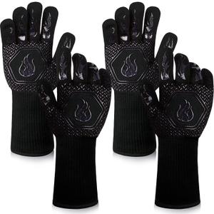 BBQ Fireproof Gloves, Grill Cut-Resistant Gloves 1472F Heat Resistant Gloves, Non-Slip Silicone Oven Gloves, Kitchen Safe Cooking Gloves for Oven Mitts,Barbecue,Cooking, Frying, Black, 2 Pairs