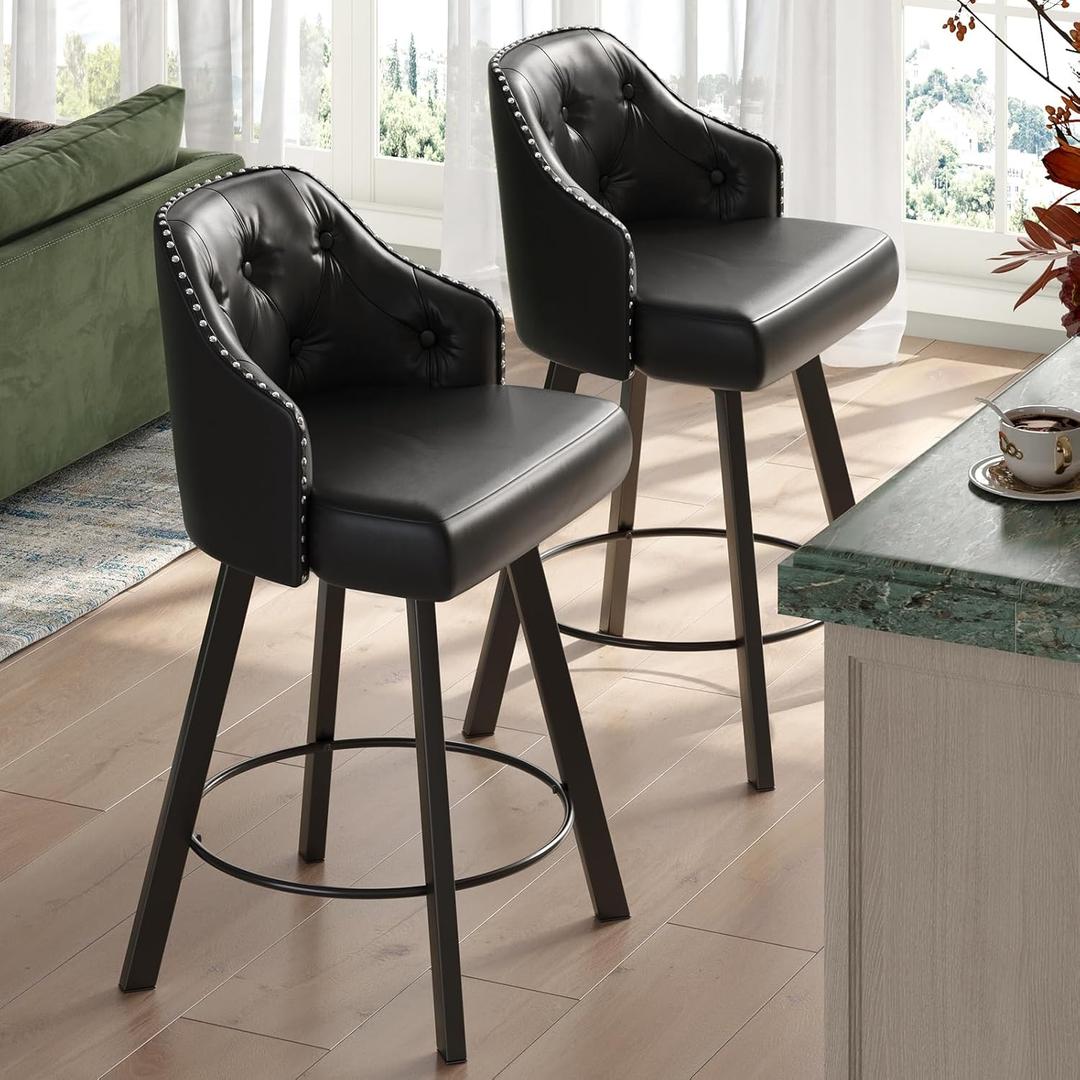 Tatub 26 Black Swivel Bar Stools 1 Set, Counter Height Bar Stools with Backs and Arms, Faux Leather Kitchen Island Chairs, High Barstools