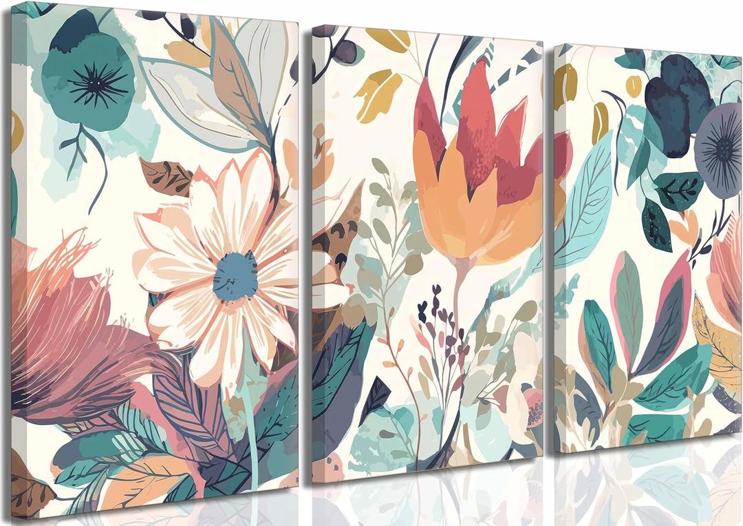 3 Pcs Boho Wild Flowers Canvas Wall Art Neutral Watercolor Boho Abstract Floral Botanical Painting Picture Wall Decor Poster Print Artwork for Living Room Bedroom Home Decoration (16x24in, boho-Canvas)