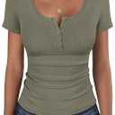 ANRABESS Womens Short Sleeve Henley Shirts Ribbed Slim Fitted Tee Summer Work Tops 2026 Button Blouse Spring Vacation Clothes (Large, Army Green)