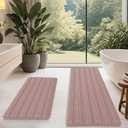 ACCUMTEK Striped Dusty Pink Bathroom Rug Mat Set 2 piece 24"x17"+48"x20" Ultra Soft, Non Slip Chenille Bath Rugs, Absorbent Plush Shaggy Bath Mats for Bathroom, Bedroom, Kitchen, Shower, Tub