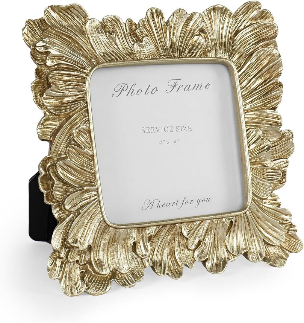 Cuspin 4x4 Gold Picture Frame, Vintage Gold Photo Frame Square with Glass Front, Resin Palm Leaves Textured Picture Frames for Wall Hanging and Tabletop Display Retro Home Decor (Feather Petal Gold)