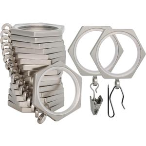 BlastHome Luxury Curtain Rings - Premium Metal with Quiet, Smooth, Removable Nylon Inserts - Pinhooks and Clips Included - 1 1/2" Inside Diameter - 18 Pack for Two Curtain - Brushed Nickel