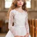 ABAO SISTER Flower Girl Dress Long Sleeve Lace Tulle Pageant Ball Gown First Communion Dress (White, 4-5Y)
