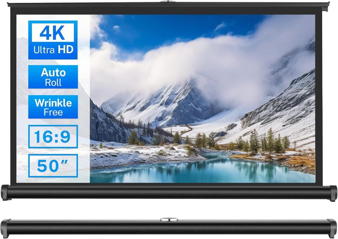50 inch Small Projector Screen, Goldengrainv Retractable Pull Up Screen, Floor Projector Screen, 16:9 4K Portable Screen for Projector, Roll Down Movie Screen for Gaming Indoor, Mini White Screen