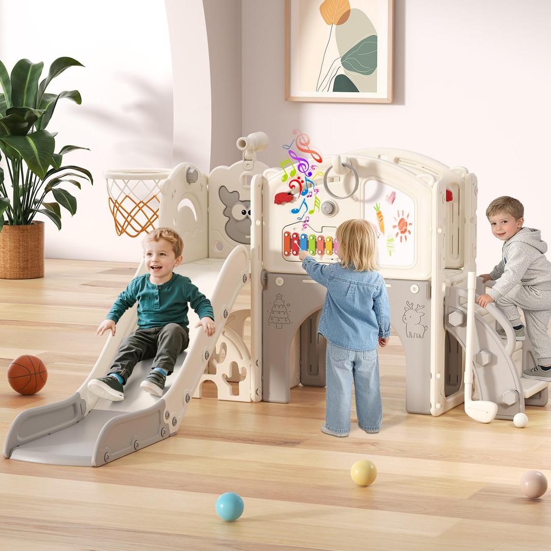BIERUM Toddler Slide Set, 13 in 1 Kids Indoor Slide for Toddler 1-3, Indoor Outdoor Toddler Slide Playset with Basketball Hoop, Golf Game & Drawing Board, Baby Indoor Slide Playground, Cream&Gray