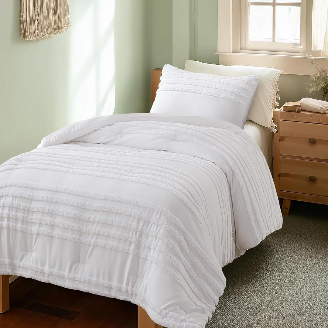 BEDELITE Boho Twin/Twin XL Comforter SetWhite Tufted Striped Bed Set 2 Pieces, Soft Vintage Farmhouse Comforter for College, Boho Home Dorm Decor, Fluffy Jacquard Bedding with 1 Pillow Sham