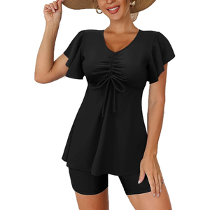 Fanuerg Women's Tankini Swimsuits Ruffled Flowy Tankini Tops with Boy Shorts Swimwear Tummy Control Two Piece Bathing Suits L